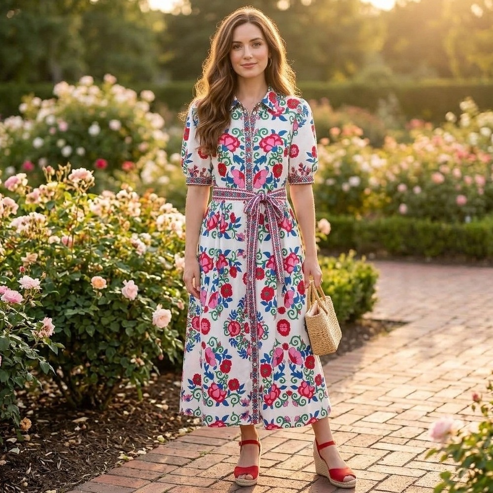Boden Alexa Floral Maxi Shirt Dress Womens 12 Red Blue Puff Sleeve Garden Party